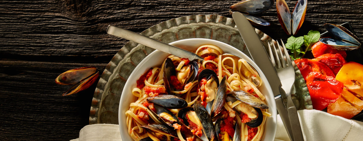 Pasta-Mussel Medley with Red Sauce & Reese White Cooking Wine
