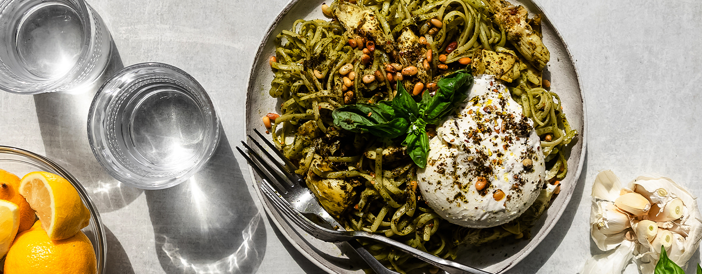 Pesto and Za’atar Roasted Artichoke Pasta with Burrata