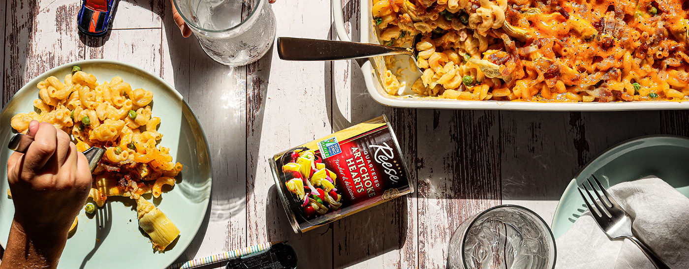 Mac and Cheese with Artichoke, Bacon and Sweet Peas