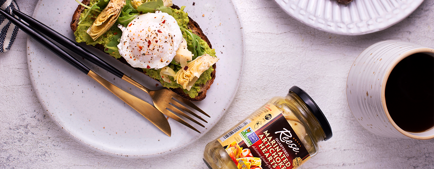 Avocado Artichoke Toast with Poached Egg