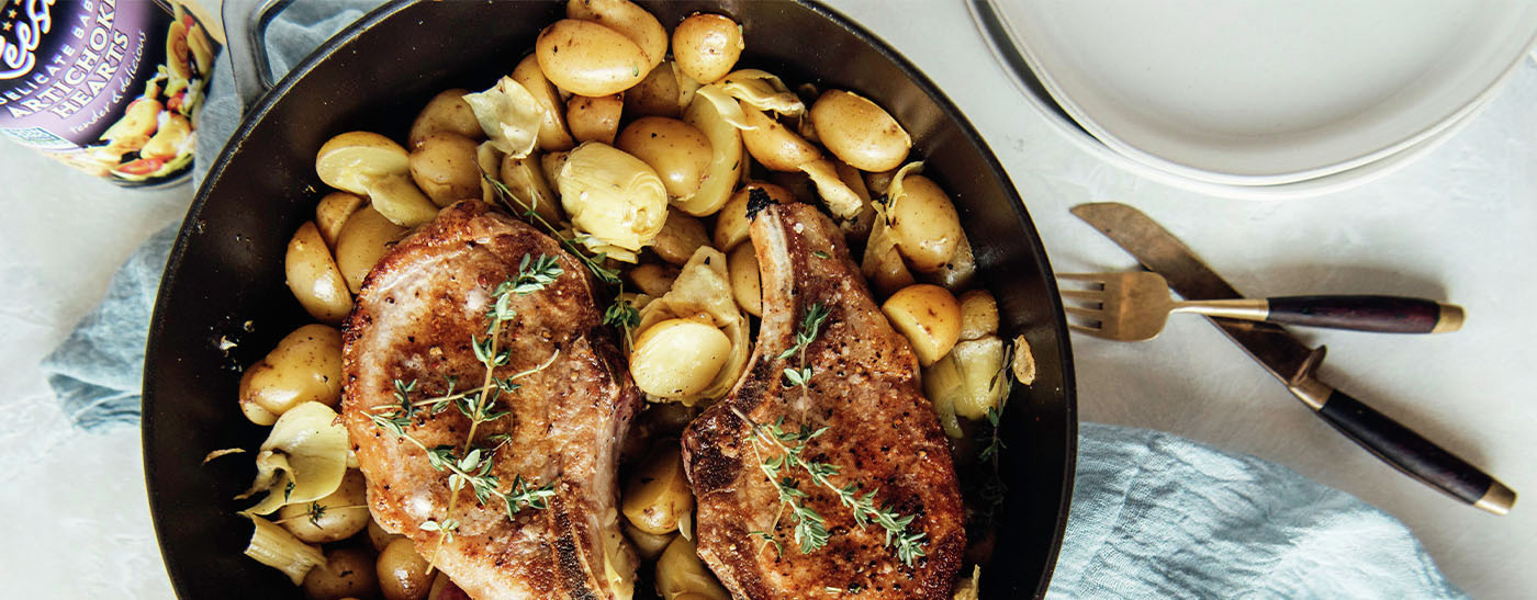 Roasted Pork Chops with New Potatoes and Baby Artichokes