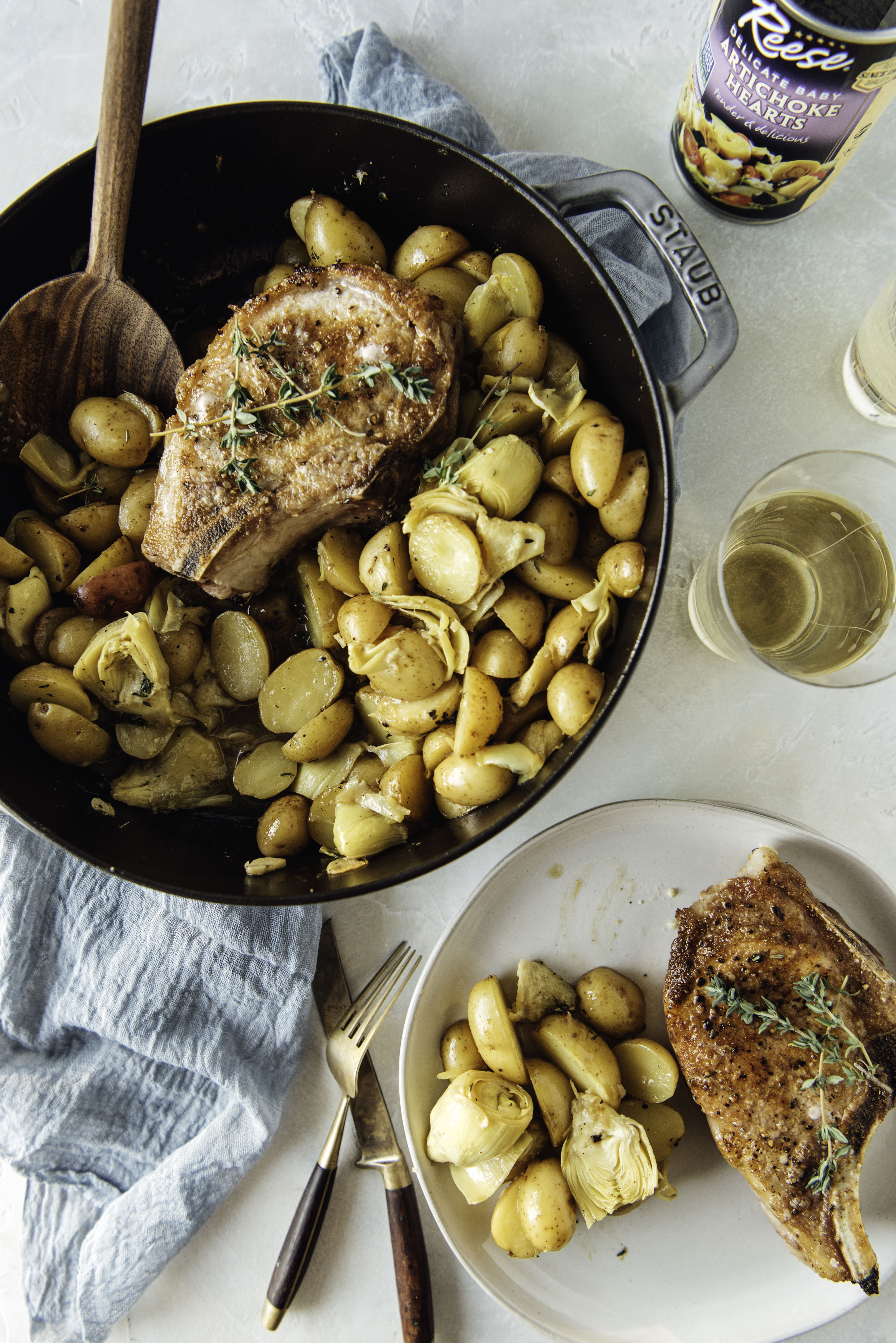 Roasted Pork Chops with New Potatoes and Baby Artichokes
