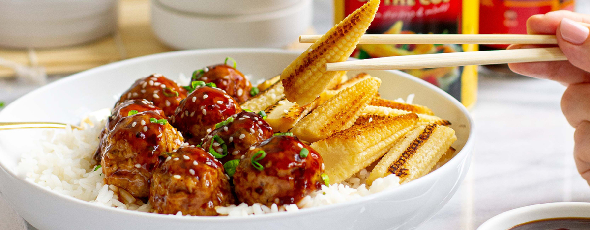 Sticky Ginger Sesame Chicken Meatballs with Baby Corn
