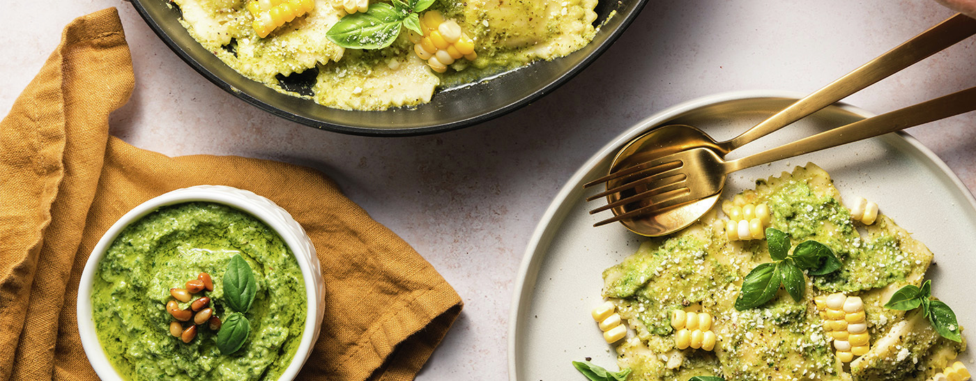 Sweet Corn and Burrata Ravioli with Artichoke Pesto