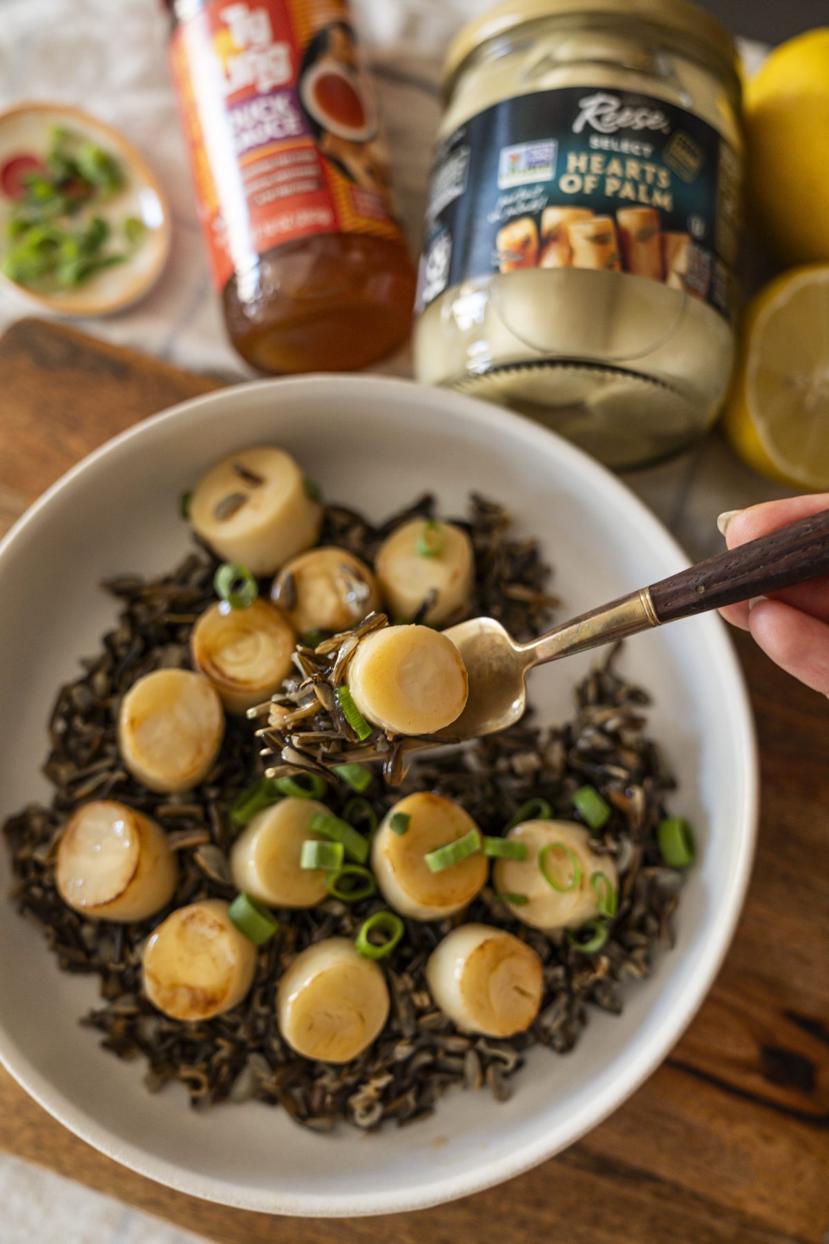 Duck Sauce Hearts of Palm “Scallops” with Wild Rice